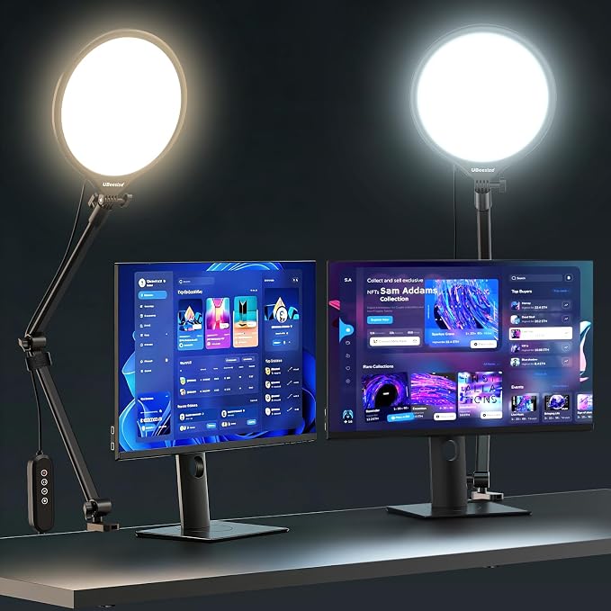 UBeesize 10" Desk Ring Light with Stand, Multi-Angle Adjustable Arm with C-Clamp for Home Office, Streaming Light with Inline Control for Video Conference, Podcast, Gaming, Recording, Live Streams by UBeesize