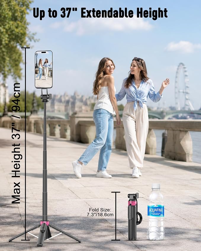 37''Magnetic Phone Tripod, Portable Selfie Stick Tripod & 4-Leg Base | 360° Rotation, 3-in-1 Magsafe Tripod with Wireless Remote for iPhone17 Pro Hands-Free Video Recording, Gym Workout,Travel - Image 8