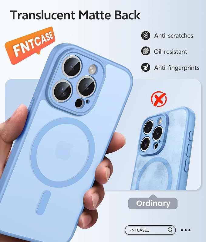 FNTCASE for iPhone 15 Pro Case, Fit for Magsafe, Screen Protector | Full Camera Protection, Translucent Matte, 14FT Military Grade Drop Proof, Shockproof Protective Phone Cover, Light Blue - Image 6