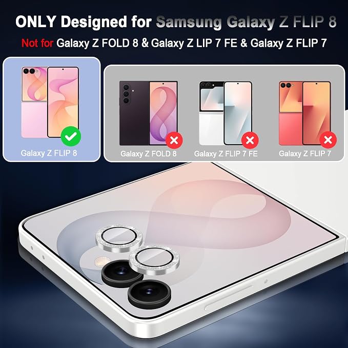 Meshine for Samsung Galaxy Z Flip 8 Camera Lens Protector,Scratch Proof,Strong Adsorption,9H Hardness with Metal Ring Camera Cover,Ultra Thin Case Friendly,Accessories Lens Protector,Glitter Sliver - Image 2