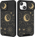 (2in1 for iPhone 14 Case Sun and Moon for Women Cute Stars Space Phone Cover with Slide Camera Cover Protective Fashion Golden Print Design Cases for iPhone14 6.1 inch by Goocrux