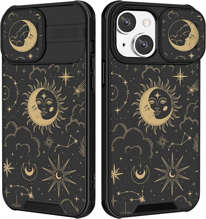 (2in1 for iPhone 14 Case Sun and Moon for Women Cute Stars Space Phone Cover with Slide Camera Cover Protective Fashion Golden Print Design Cases for iPhone14 6.1 inch by Goocrux
