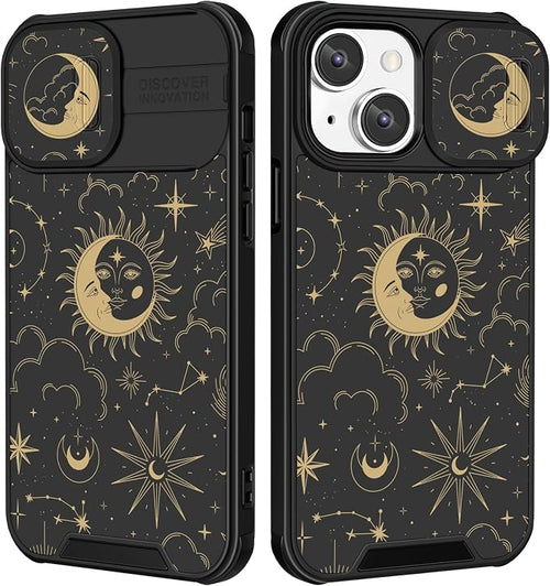 (2in1 for iPhone 13 Mini Case Sun and Moon Stars Women Cute Space Phone Cover with Slide Camera Cover Protective Fashion Golden Print Design Cases for iPhone 13Mini 5.4'' by Goocrux