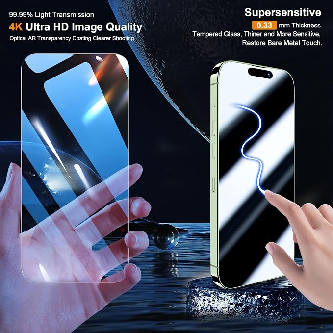 QHOHQ 3 Pack Screen Protector for iPhone 15 Plus [6.7 Inch] with 3 Pack Camera Lens Protector, Tempered Glass Film, HD Clear, 9H Hardness, No Bubbles, Case Friendly - Image 2