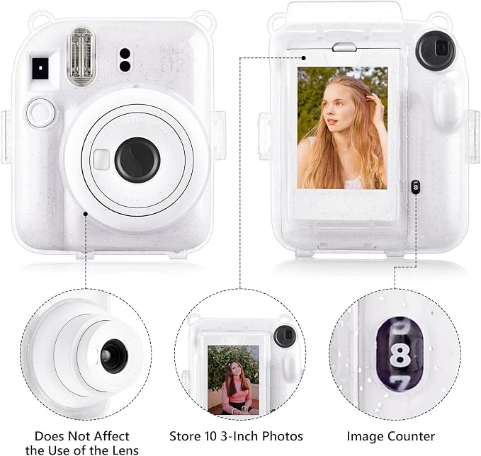 Rieibi Clear Case Compatible with Fuji Instax Mini 12 - Glitter Case Bag for Fujifilm Instax Mini 12 Instant Camera with Back Pocket, Strap and Photo Album - Glitter Clear - Image 4