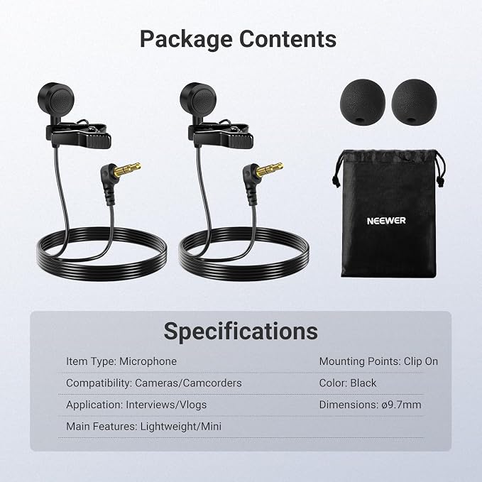 NEEWER ø9.7mm Lavalier Microphone (2 Pack), 3.5mm TRS Clip On Lapel Wired Omnidirectional Condenser Lav Mic with 1.5m Cable & Windscreen for Video Recording, Vlogging, Filming, LM10 - Image 8