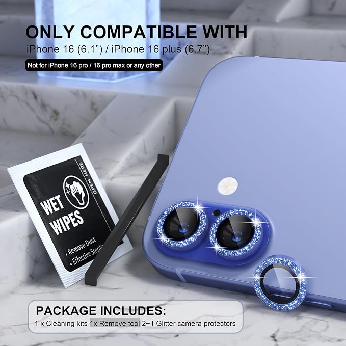 Choiche for iPhone 16/16 Plus Camera Lens Protector, Glitter-Ultramarine | Ultra HD, Bling 9H Tempered Glass Camera Cover Screen Protector Metal Individual Ring Accessories, 2-Lens, 6.1/6.7-inch - Image 2