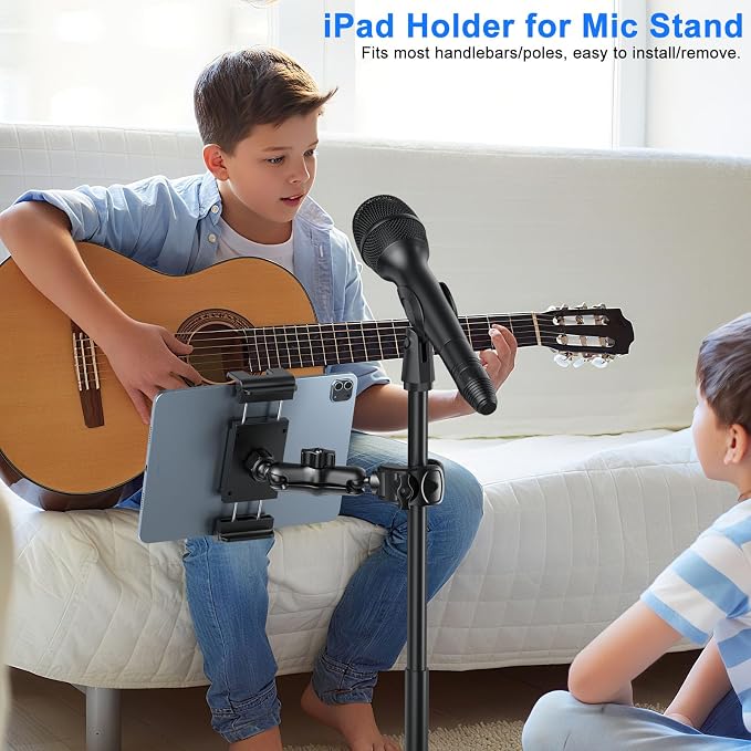 PLDHPRO Tablet Holder for Mic Stand 360° Swivel iPad Music Stand Mount for Microphone with Clamp, Musicians Stage Portable Stands Guitar Tripod Accessories Compatible 5.5-14.6'' Devices - Image 2