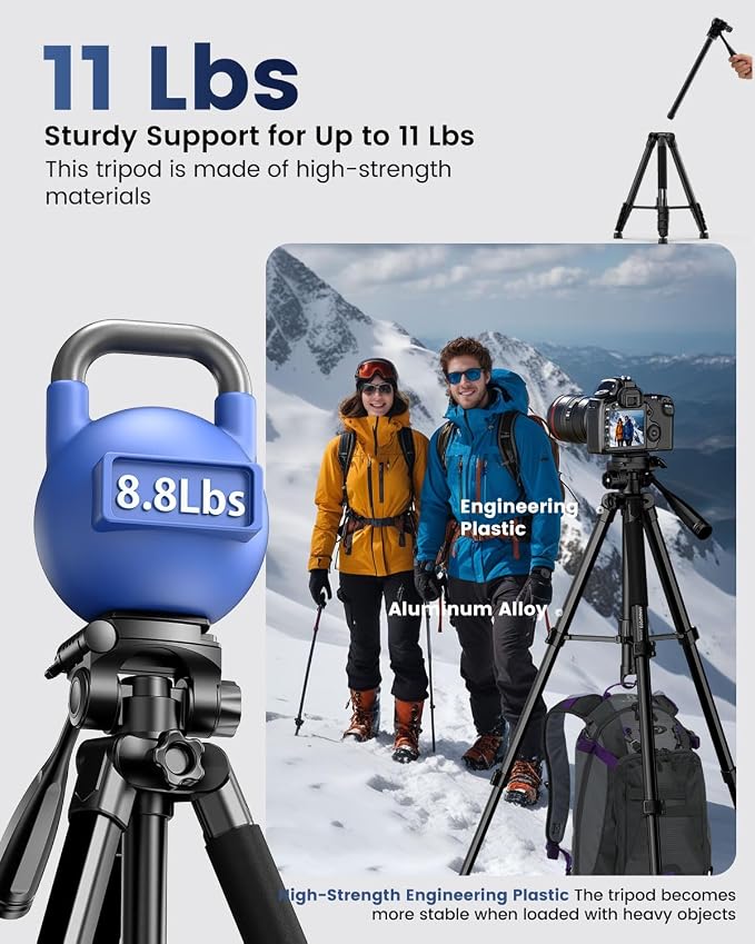 CAMBOFOTO 73" Camera Tripod and Monopod, Aluminum Tripod Stand/Black | for Professional Camera/Mirrorless/DSLR/Cell Phone/Camcorder/GoPro, with Phone Holder/Travel Bag - Image 2