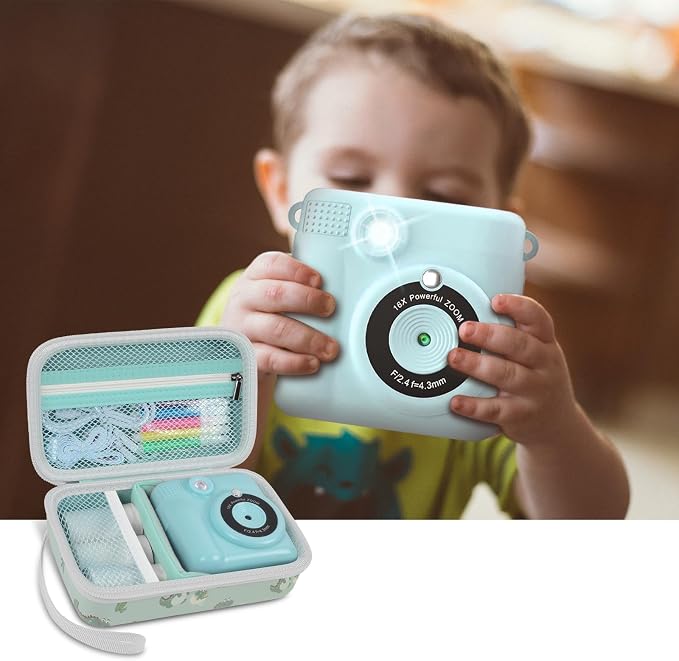 Kids Film Camera Case, Travel Storage Bag for Girls Boys | for ESOXOFFORE for Dylanto for Anchioo for WEEFUN for GKTZ for Amzelas for Mafiti, Mesh Pocket, Wrist Strap, Green Dinosaur - Image 7