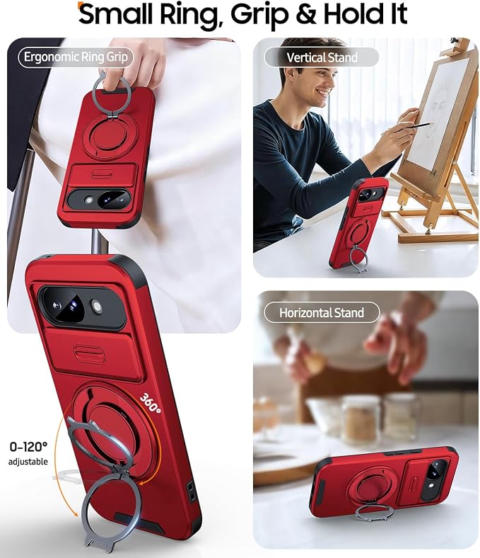 JAME for Google Pixel 10A Case with Ring Stand & Slide Camera Cover Red | Ring Holder Kickstand, Screen Protectors, Dual-Layer Shockproof Protective, Magnetic Accessory Friendly Phone Case, Red - Image 3