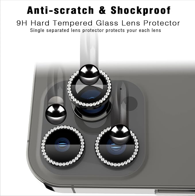 iPhone 13 Pro/13 Pro Max Camera Lens Protector Bling Diamond, Black | Individual Metal, 9H Hardness, Scratch Resistant, Shockproof, Drop Protection, Case Friendly, Stylish Accessories - Image 5