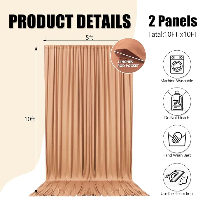 10ft x 10ft Khaki Backdrop Curtains for Parties, Polyester Fabric Backdrop Drapes with Rod Pockets for Weddings, Birthday, Halloween, Photography, Christmas Party Background Curtain, 2 Panels - Image 2