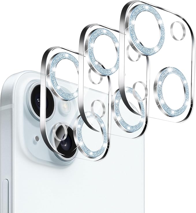 Dengduoduo 3 Pack Tempered Glass Camera Lens Protector for iPhone 15 6.1" & for iPhone 15 Plus 6.7", Bling Glitter, Ultra HD, 9H Hardness, Anti-Scratch, Case Friendly, Easy to Install by Dengduoduo