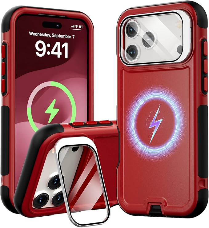 Follaroma Magnetic for iPhone 17 Pro Max Case with Camera Cover Stand, Red | Built-in Glass Camera Cover Stand,Compatible with MagSafe,Heavy Duty Shockproof Protective,Military-Grade Anti-DropDual Case by Follaroma