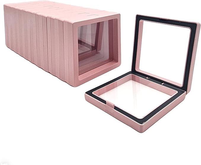 12 PCS Dual-Color Packaging Box 3D Floating Frame Display Stand, Color-Matching Packaging Display Box, Transparent Window Jewelry Case, PE Film Anti-Oxidation Storage Case. (Pink+Black) by Unknown