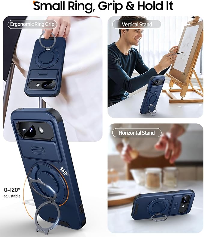 JAME for Google Pixel 10A Case with Ring Stand & Slide Camera Cover Blue | Ring Holder Kickstand, Screen Protectors, Dual-Layer Shockproof Protective, Magnetic Accessory Friendly Phone Case, Blue - Image 3