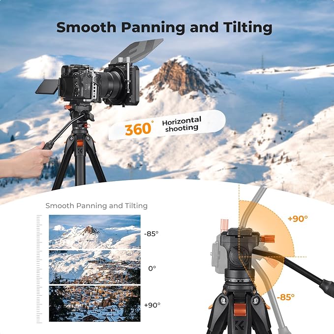 K&F CONCEPT 73" Camera Tripod with Fluid Head | Aluminum Travel Tripod, Smooth Pan/Tilt for DSLR/Mirrorless/Camcorder, Max Load 6.6lb, A305A3+FH-04 - Image 2
