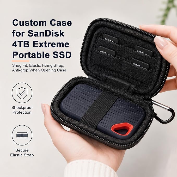 PAIYULE Hard Drive Case for SANDISK Extreme Portable SSD (New Model) | Fits 1TB, 2TB and 4TB SSDs, with SD Card Pocket,Elastic Strap,Mesh Pocket and Carabiner,Not fits for Pro,Case Only Black - Image 3