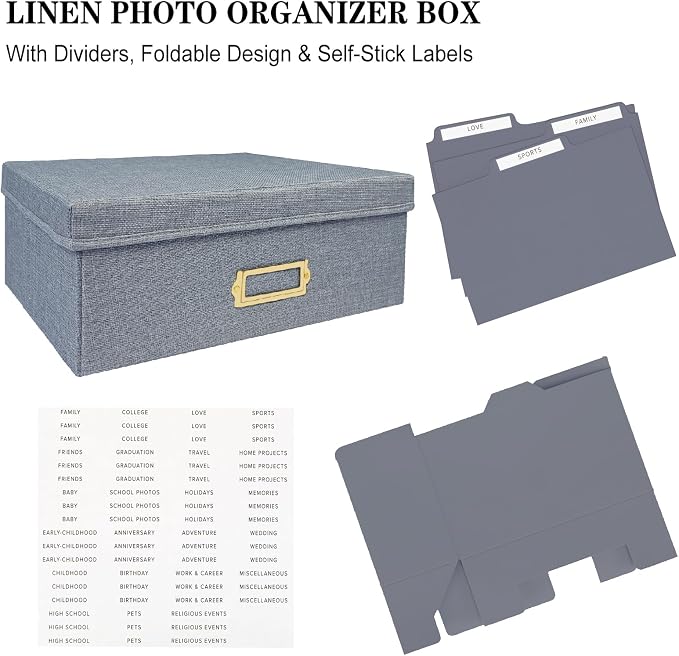 Linen Photo Storage Box – Holds 1700 Photos, Photo Organizer with Lid for Photo, Pictures, 24 Adjustable Dividers & 72 Labels Multi-Use Organizer Memory Box for Envelopes, Baby, Wedding, Cards Grey - Image 6