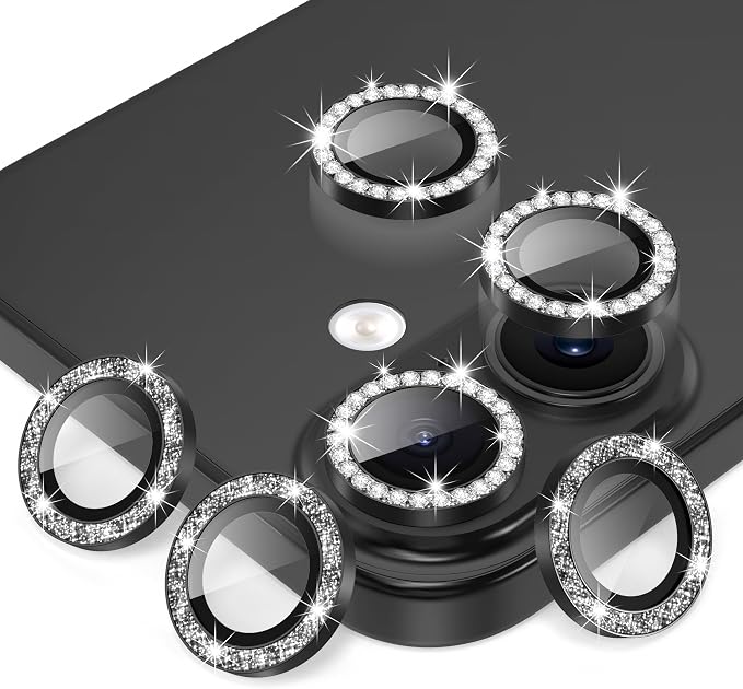 AGVEE 3+3 6 Pack for iPhone 17 Camera Lens Protector Cover | Individual Bling Diamond & Bling Glitter Sparkle Cute Gem Metal Ring, 9H Tempered HD Glass by AGVEE
