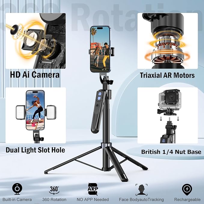 Auto Face Tracking Tripod 360 Rotation with Stand,Android and iPhone Tripod Holder with Remote and Gesture Control, No App,Built-in Tracking Camera Selfie Stick for Vlog Video Recording Tiktok - Image 3