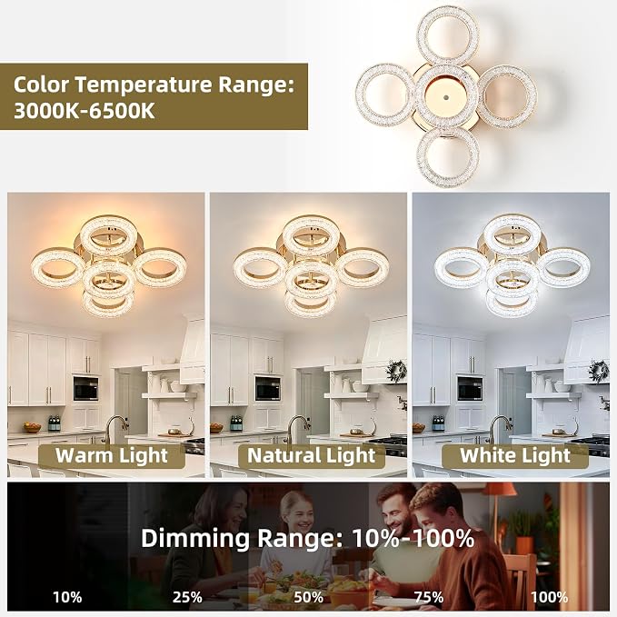 Modern Ceiling Light, 5 Rings 16.9'' Dimmable LED 49W Flush Mount Ceiling Lights with Remote Acrylic Crystal Round Ceiling Light Fixture, Bedroom Living Room Dining Room, Gold - Image 2