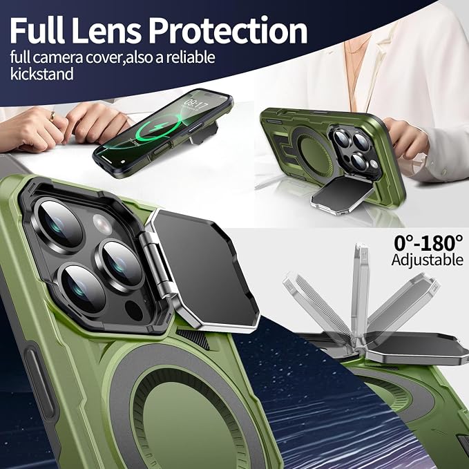 Camera Stand Case for iPhone 16 Pro Max, [Compatible with Mag Safe] [Lens Cover] 2024 Version Military Grade Protective Soft Case for iPhone 16 Pro Max 6.9 inch Men Women, Green - Image 3