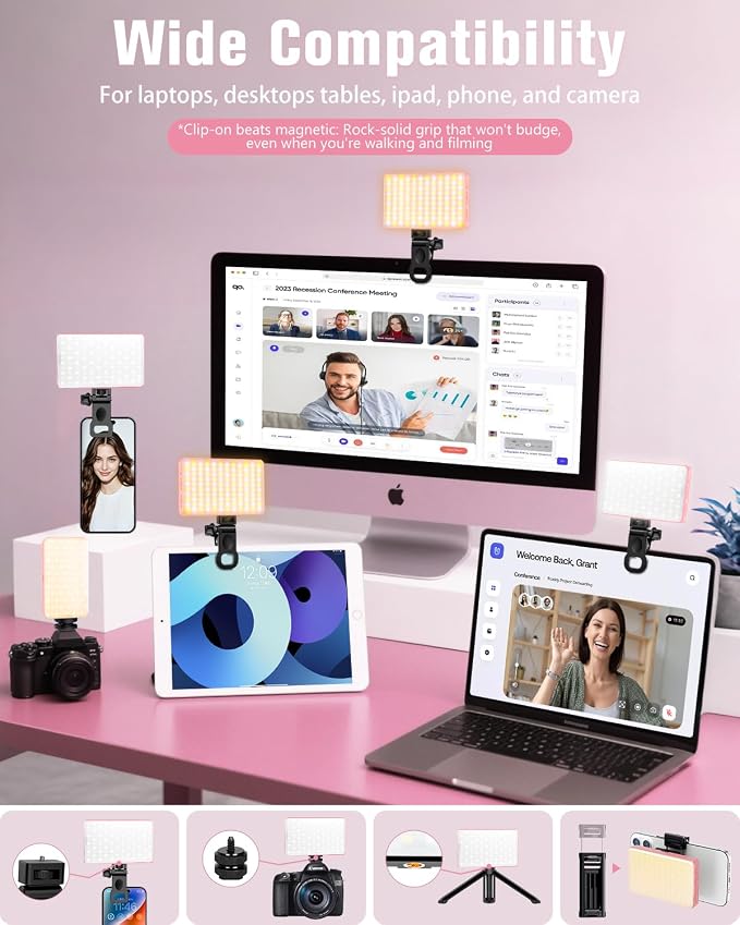 168 LED Selfie Light for iPhone, Phone Light, 3000mah Rechargeable Picture Light Clip Portable Lights for Phone, Camera, Laptop, iPad, 3 Lights Modes for Makeup, Video Conference, TikTok, Vlog (Pink) - Image 6