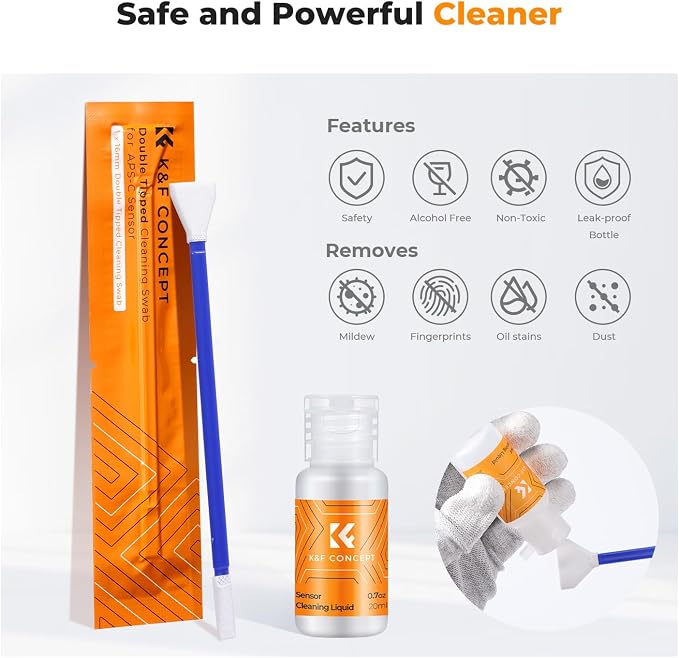 K&F CONCEPT APS-C Sensor Cleaning Kit,with 5 Pack Swabs,20ml Sensor Cleaner | Clean Camera Sensor and View finder,Double layer 270g Swabs,Gentle Cleaning Liquid,for Nikon Sony Canon Camera Clean,MA02 - Image 3