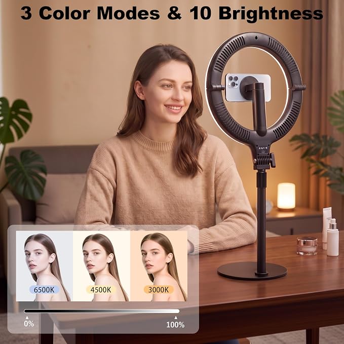 Magnetic Desk Ring Light with Stand,5000mAh Rechargeable,10" Foldable | 3 Colors & 10 Levels Brightness,Memory Function,Selfie Light for Live Stream,Makeup,Video - Image 5