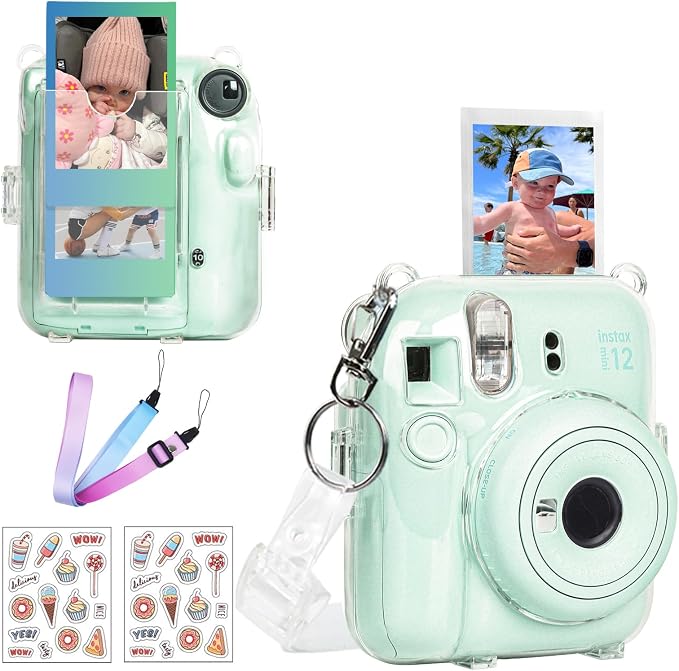 CAIYOULE Clear Camera Case For Fujifilm Instax Mini 12 Instant Film Camera | Crystal Camera Case for Instax Mini 12, Rigid PC Hard Camera Shell with Photo Storage, 2 DIY Stickers and Adjustable Strap by CAIYOULE