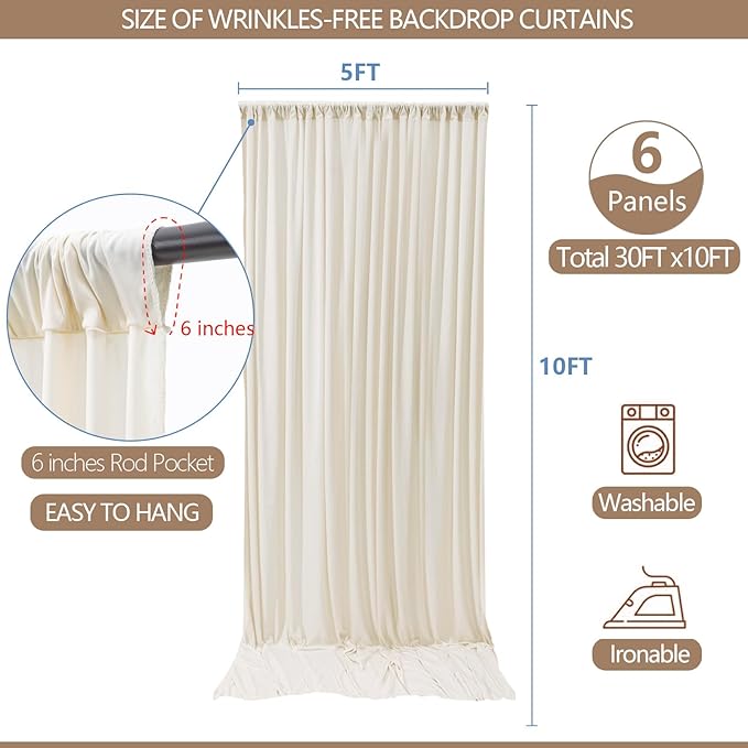 30x10ft Wrinkle Free Ivory Backdrop Curtain for Parties Soft Fabric Drapes Wedding Ivory Curtain Backdrop for Birthday Party Decorations Background for Photography 5x10ft,6 Panels - Image 3