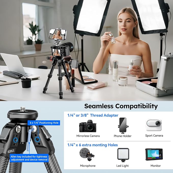 SIRUI AM-223LS Carbon Fiber Mini Tripod, Bowl Base, ±15° Tilt | 33LB Load, 1.63LB Weight, 8.82" Folded, 360° Pan, Camera, Phone, Vlogging, Compact Travel - Image 7