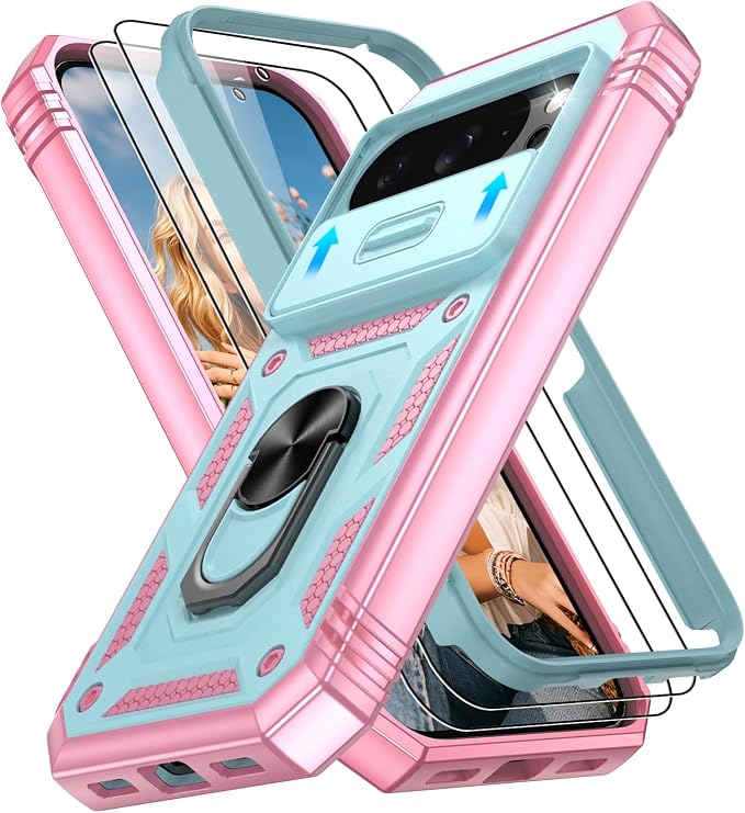 Gritup for Pixel 10 Case: Pixel 10 Pro Case with 2*Screen Protector, Magnetic Stand & Slide Camera Cover, Shock Proof Military-Grade para Google Pixel 10/10 Pro Cover, Green+Pink by Gritup