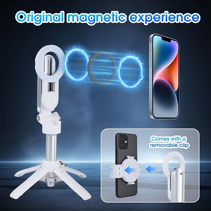 Magnetic Tripod for Phone,2 in 1 for Magsafe Stand＆ Clip Portable Pocket Size Selfie Stick for Android/iPhone,Phone Holder with Wireless Rechargeable Remote Control for Photography, Live Streaming - Image 3