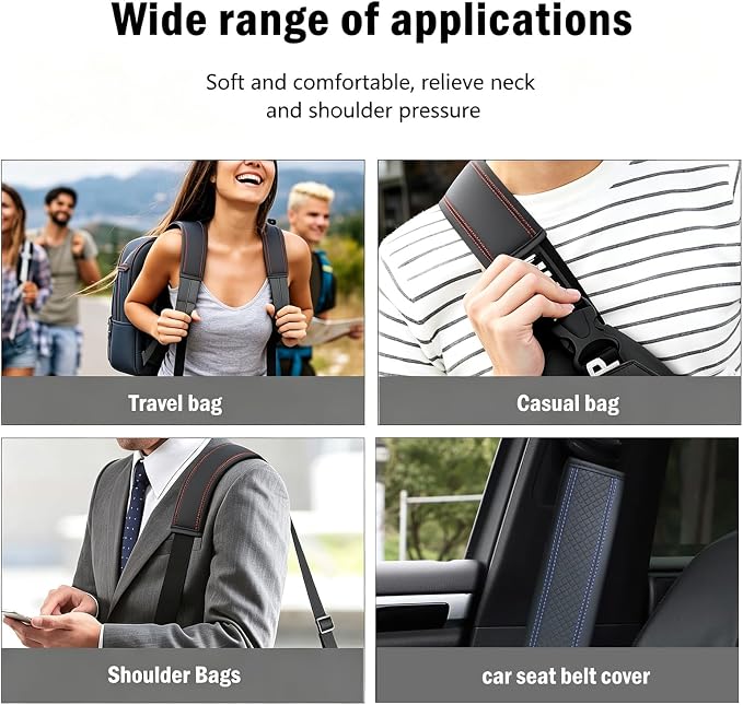 Seat Belt Pads Leather Seat Belt Covers More Comfort Driving Cushion Helps Protect Your Neck and Shoulders Suit for Car, Truck, SUV, Airplane,Camera Backpack Straps Black+Blue-2Pcs - Image 5