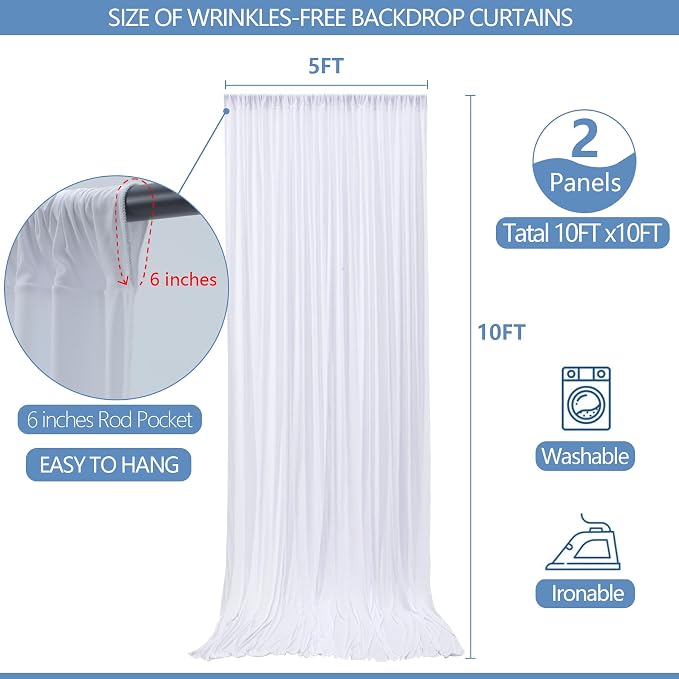 10x10ft Wrinkle Free White Backdrop Curtain for Parties Soft Fabric Drapes Wedding White Curtain Backdrop for Birthday Party Decorations Background for Photography 5x10ft, 2 Panels - Image 4
