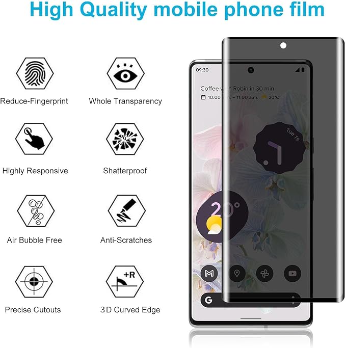 Didisky 2+2 Pack Privacy Screen Protector for Google Pixel 6 Pro Tempered Glass and Camera Lens Protector,9H Hardness,Easy to Install,3D Curved Full Coverage,Scratch-Resistant,Bubble Free - Image 2