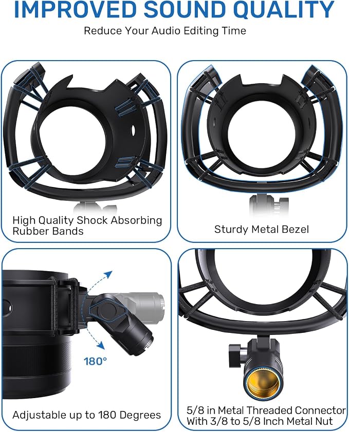 Custom Built Shock Mount with Pop Filter for Blue Yeti Microphones, Black | Metal Outer Ring, Anti-Vibration Suspension for Noise Reduction, Mount Compatible, Professional Studio Use - Image 6