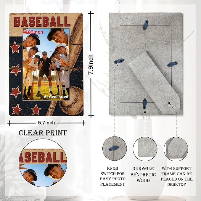 Baseball Picture Frame for 4x6 Photo, Desk Shelf Decor Gift for Players Coach Teammates, Vintage Sports Tabletop Photo Frame with Easel Back for Team Senior Night End of Season - Image 2