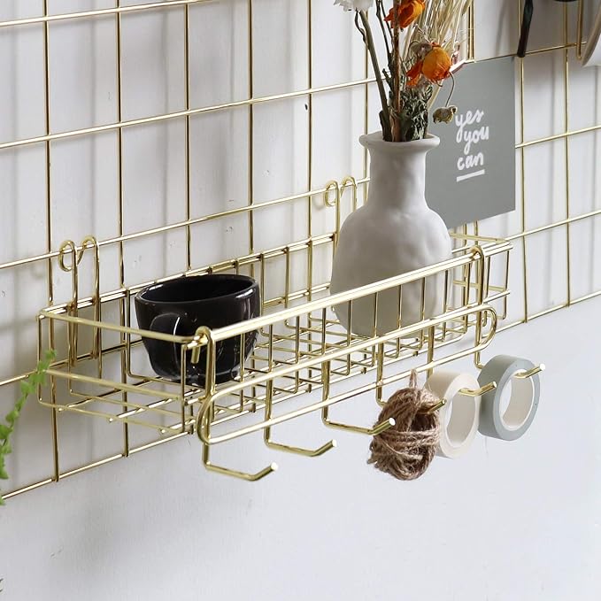 Wall Grid Panel for Photo Display,Wall Storage Organizer,5 Metal Clips & 3 S Hooks & 4 Nails & 4 Plastic Hanging Buckles and 4 Screws Offered,Size 17.5" x 11.8",2 Pack(Gold) - Image 5