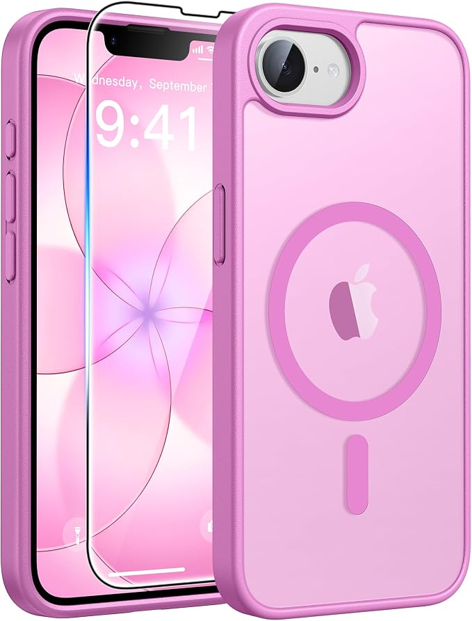 FNTCASE for iPhone 17e/ iPhone 16e Case, Fit for Magsafe, Screen Protector | Translucent Matte Magnetic Back, 14FT Military Grade Drop Protection, Shockproof Protective Phone Cover, Pink by FNTCASE