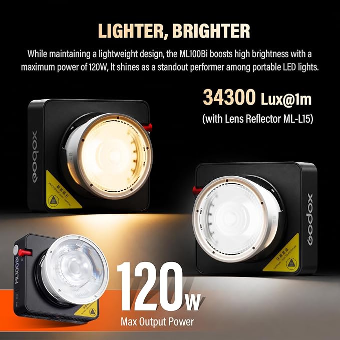 Godox ML100Bi 120W LED Video Light 34300 Lux 2800K-6500K | ML100 Bi Color Portable COB LED Video Light CRI 96+/TLCI 97+ 11 FX Effects for Filming Live Streaming Studio Photography - Image 5