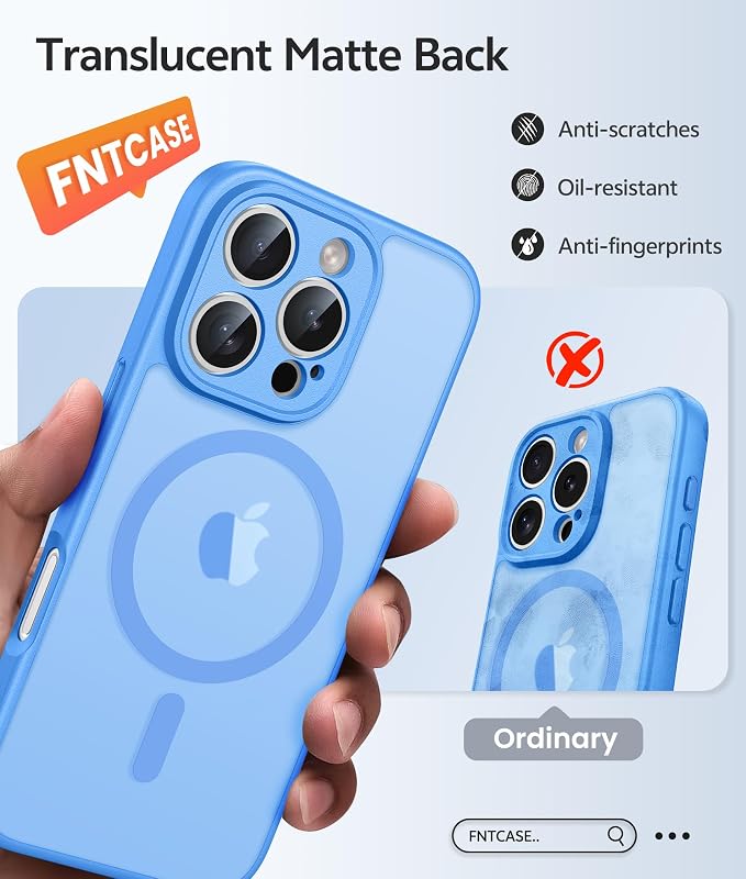 FNTCASE for iPhone 16 Pro Max Case, Fit for Magsafe, Glass Screen Protector | Full Camera Protection, Translucent Matte, 14FT Military Grade Drop Proof, Shockproof Protective Phone Cover, Ice Blue - Image 6