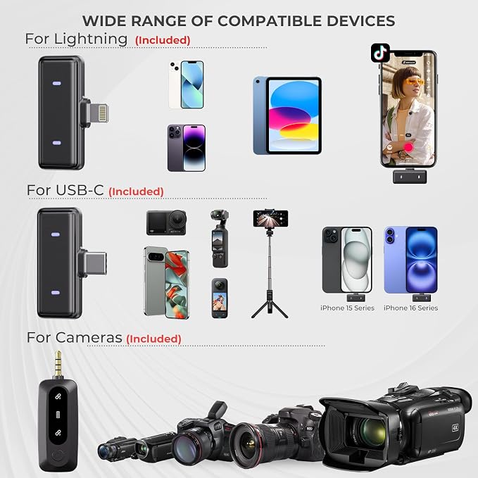 Moman Wireless Lavalier Microphone 3-in-1 Set for iPhone/Android/Camera/Laptop/PC, 48H Video Recording Active Noise Cancellation Lav Mic, Mini Clip/Magnetic Microphones for Lightning/USB-C/3.5mm - Image 7