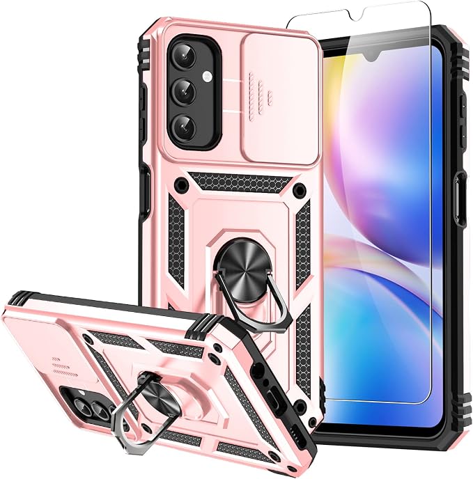 for Samsung Galaxy A14 5G Case with Screen Protector & Camera Lens Cover, [Military Grade] 16FT Drop Tested, Magnetic Kickstand Rugged Shockproof Protective Case for Samsung A14 5G, Rose Gold by SKMY