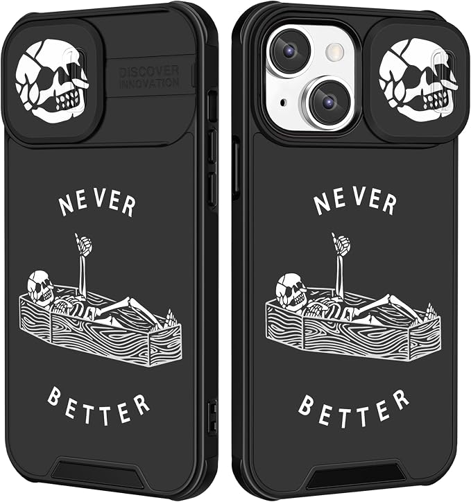 (2in1 for iPhone 15 Case Skull Skeleton Women Boys Goth Phone Cover Cute Fun Gothic Black Spooky Cool Unique Design with Slide Camera Cover Protective Stand Holder for iPhone 15 Cases 6.1'' by Goocrux