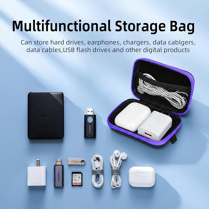 Earbud Case Portable EVA Storage Bag Cell Phone Accessories Organizer with Carabiner for Wired/Wireless Earphone, Earbud, Earpieces, SD Memory Card, Camera Chips, Tech Pouch, Rectangle,Purple - Image 4