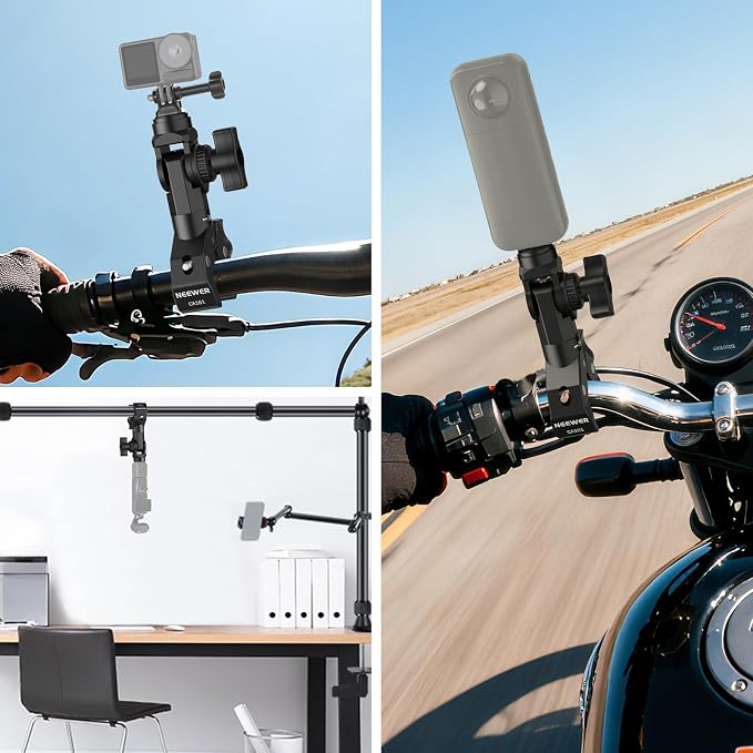 NEEWER Motorcycle Bike Handlebar Clamp Action Camera Mount, CA161 | Heavy Duty Clip Holder, 1/4" Screw, 3 Prong Adapter, Compatible with Insta 360 X5 X4 Hero 13 12, POV Video Recording, CA161 - Image 6